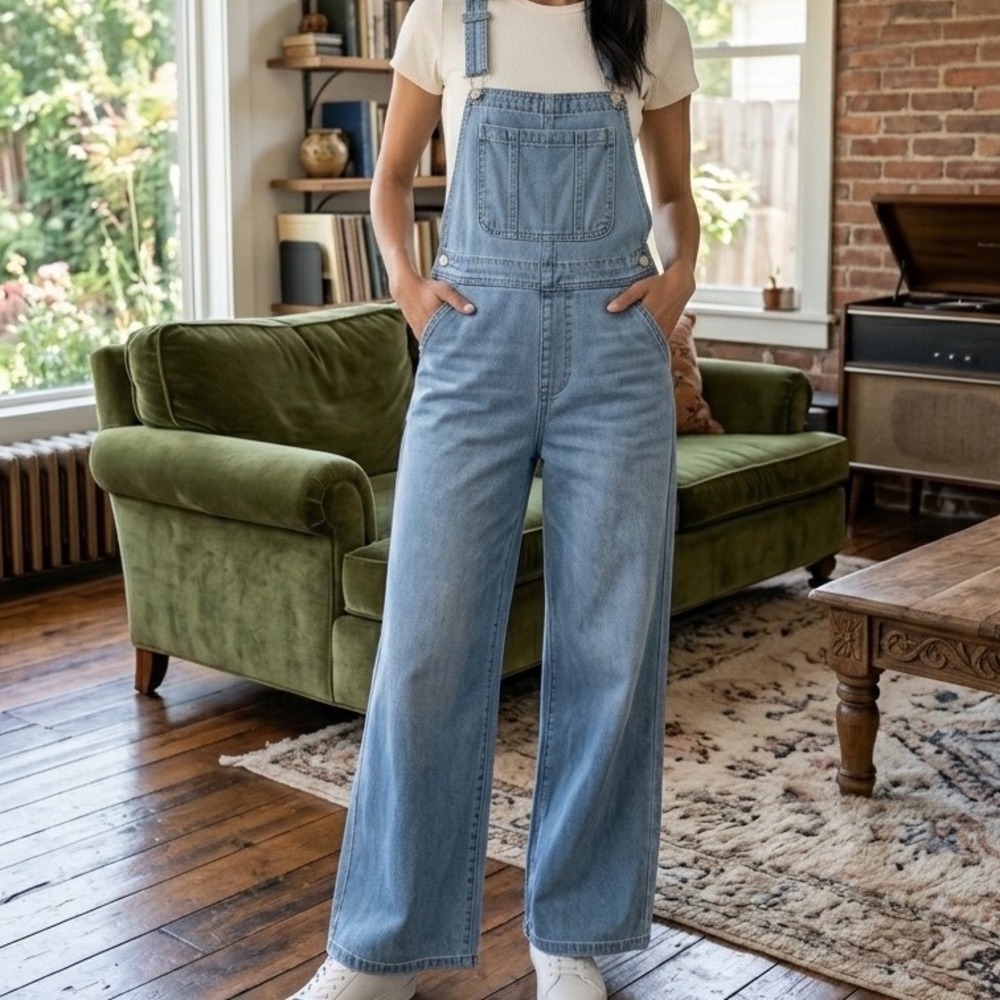 NEW Fashion Nova Light Wash Wide Leg Denim Overalls Womens Bib Jumpsuit